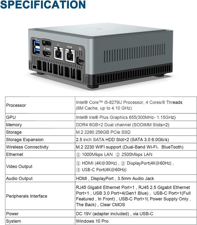 Produktbild Minisforum U820 Mini PC (i5-8279U, 16GB Ram, 256GB SSD)