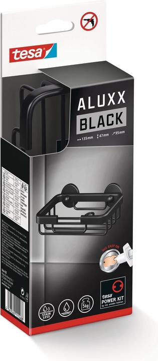 Produktbild tesa ALUXX BLACK Seifenkorb inkl. Klebelösung ohne Bohren (6.5 x 10 x 25.5 cm)