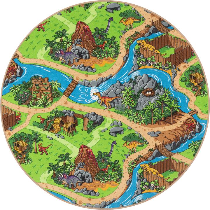 Produktbild Pergamon Kinder Spiel Strassen Teppich Dino Welt Rund (160 x 160 cm)
