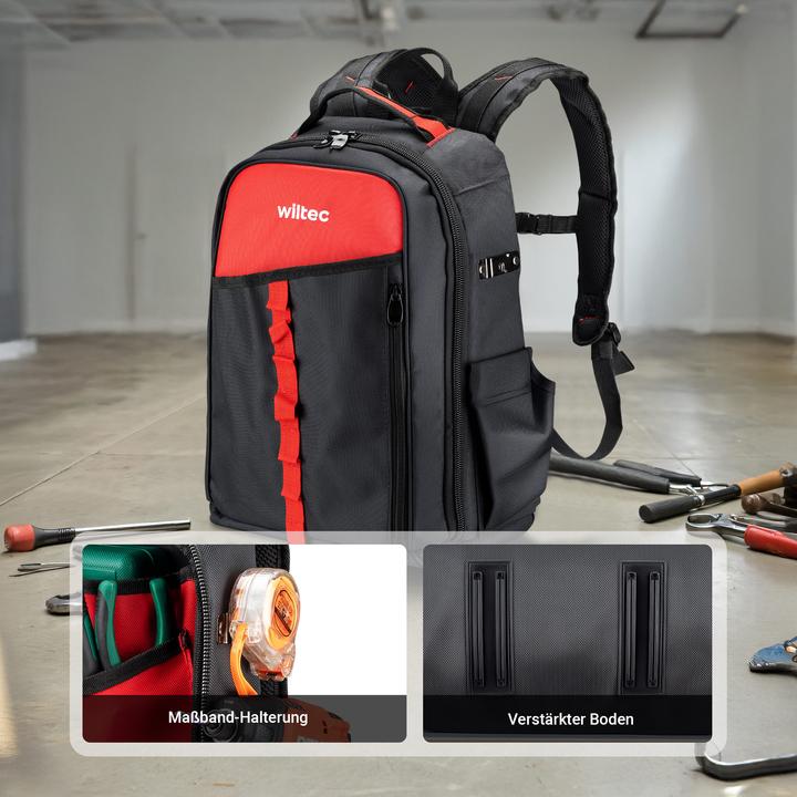 Produktbild Wiltec Werkzeugrucksack 33x20x43cm Werkzeugtasche 16 Fächer Werkzeug Rucksack