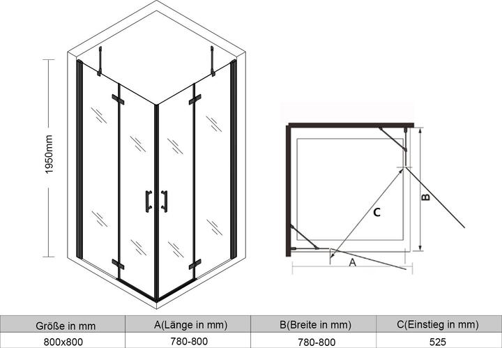 Image du produit SONNI Cabine de douche avec entrée d'angle, 80 x 80 cm, noir, hauteur 195 cm, avec portes suspendues (120 cm, 120 cm, 195 cm)
