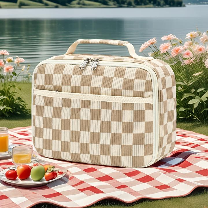 Actual product image Only-Bags.Store Grosses Fassungsvermögen Chic Cord isolierte Lunch Bag mit kariertem Design - auslaufsicher und