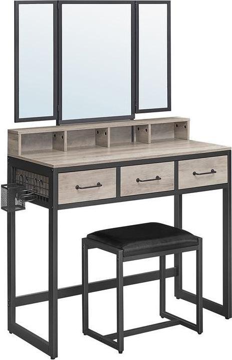 Vasagle Schminktisch mit Hocker und Spiegel Greige/Schwarz, Tiefe (90 x 40 x 141 cm)