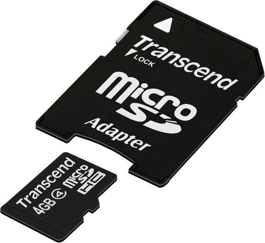 Produktbild Transcend microSDHC 4GB Klasse 4 + SD Adapter (4 GB, microSDHC, UHS-I)