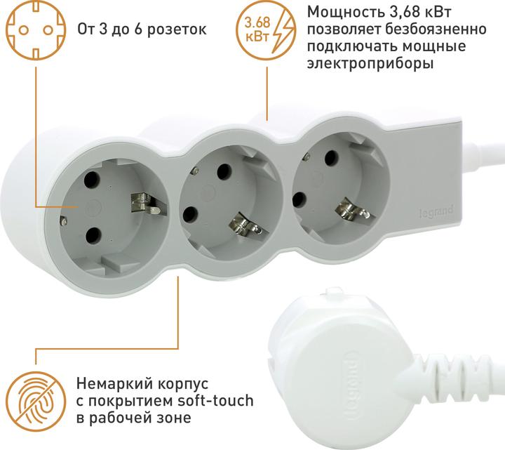 Actual product image Legrand Flat socket strip 3x socket, 5 metre cable white-grey 694567 (3 x, CEE, CEE 7/3, 5 m)