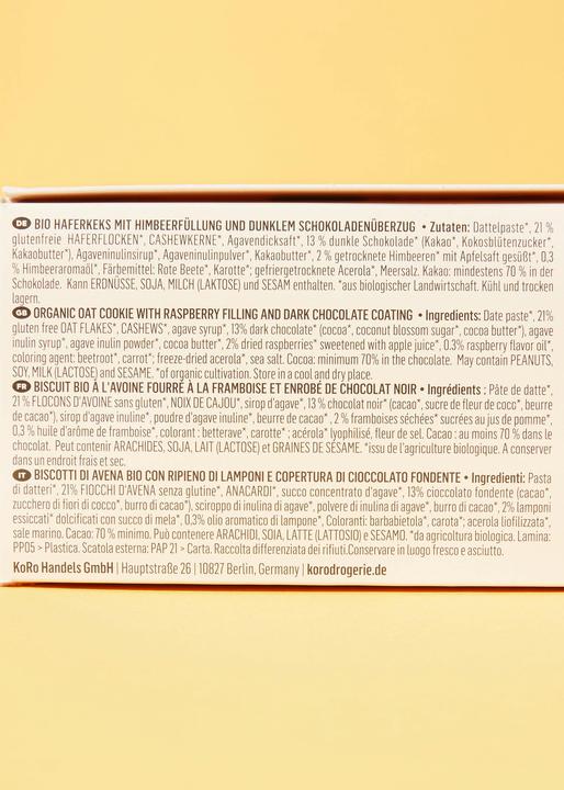 Valeurs nutritives et ingrédients KoRo Biscuit bio à l'avoine fourré à la framboise et enrobé de chocolat noir (480 g)