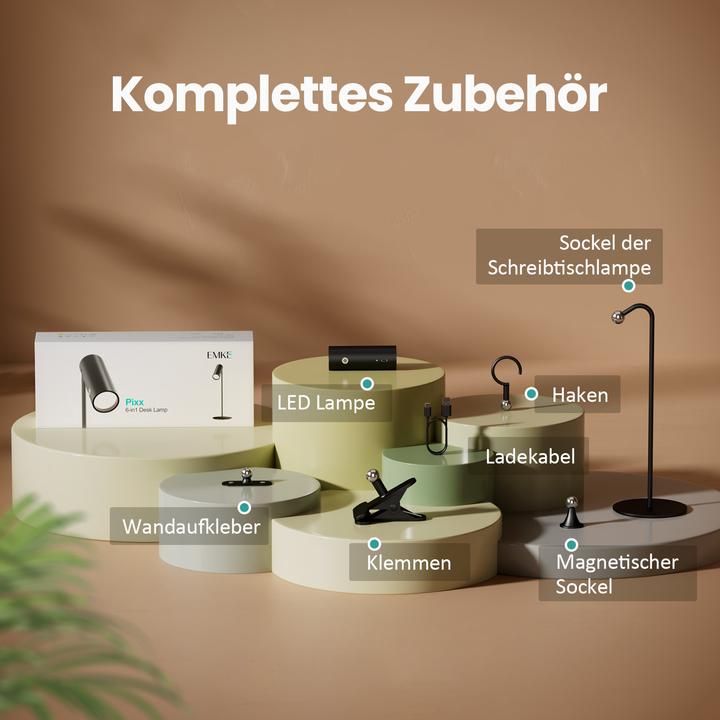 Produktbild Emke LED Tischlampe kabellos, 6-in-1, dimmbar, Touch LED, Schwarz, 3 Farbmodi, magnetische Wandleuchte, U