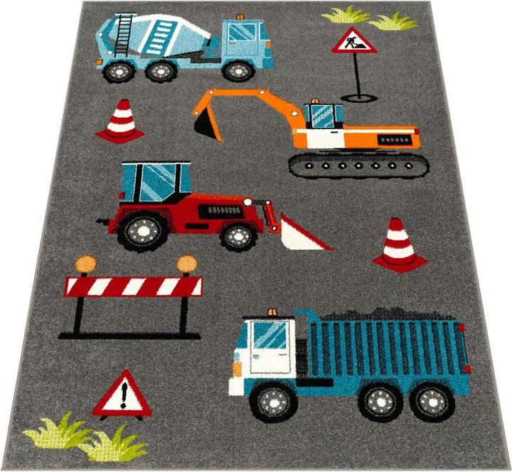 Produktbild Paco Home Kinder-Teppich Kinderzimmer Bagger Baustelle Grau (80 x 150 cm)