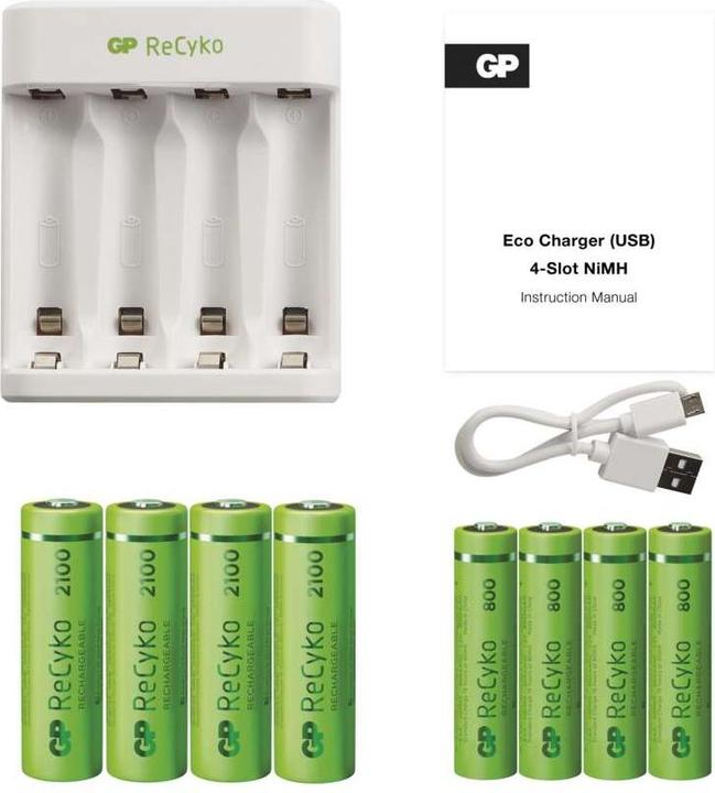 Produktbild GP Batteries ReCyko E111 4-Port USB Ladeg. + 4xAA 2100mAH + 4x AAA 800mAh (8 Stk., AAA, AA, 2100 mAh, Akku)