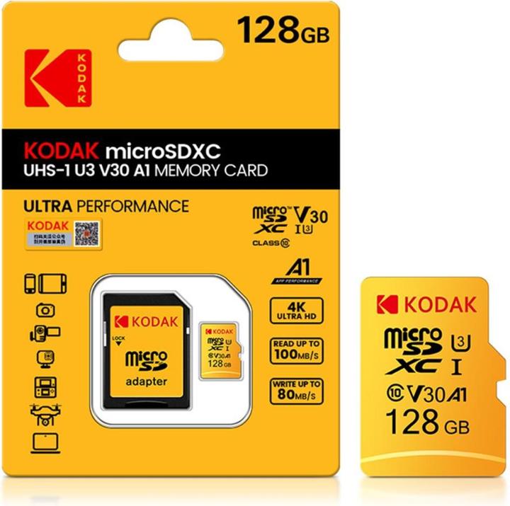 Actual product image Kodak mSD 128GB UHS-I U3/V30/A1 w/a (128 GB, microSDXC, U3, UHS-I)