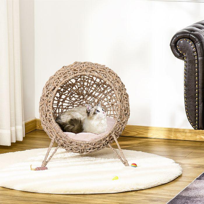 Produktbild Swisshandel24 Katzenhaus aus PE-Rattan mit Kissen Katzenschlafplatz Katzenhöhle mit erhöhten Füssen Natur Ø52 x 58 (Katze)