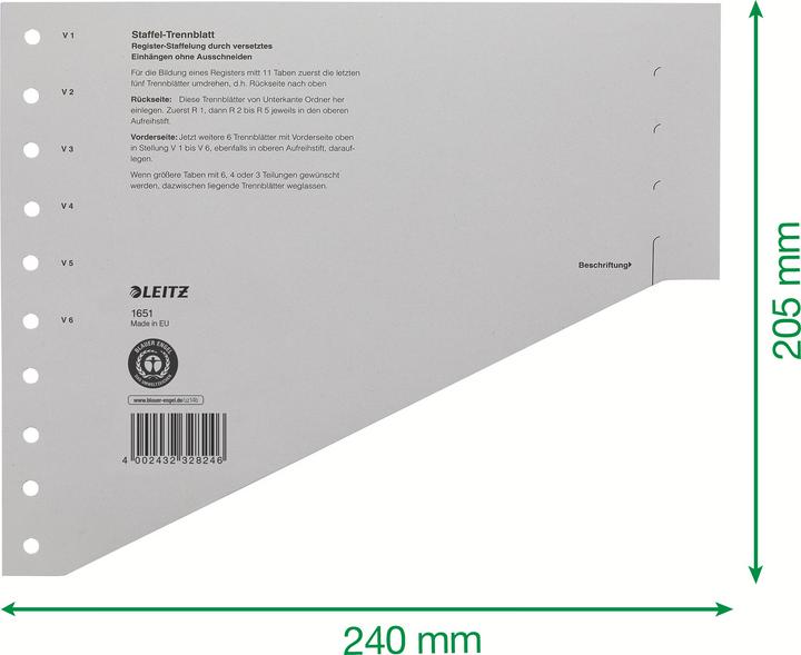 Produktbild Leitz Staffel-Trennblätter, DIN A4 Überbreite, grau Kraftkarton 200 g-qm, druch gestaffelte Anordnun