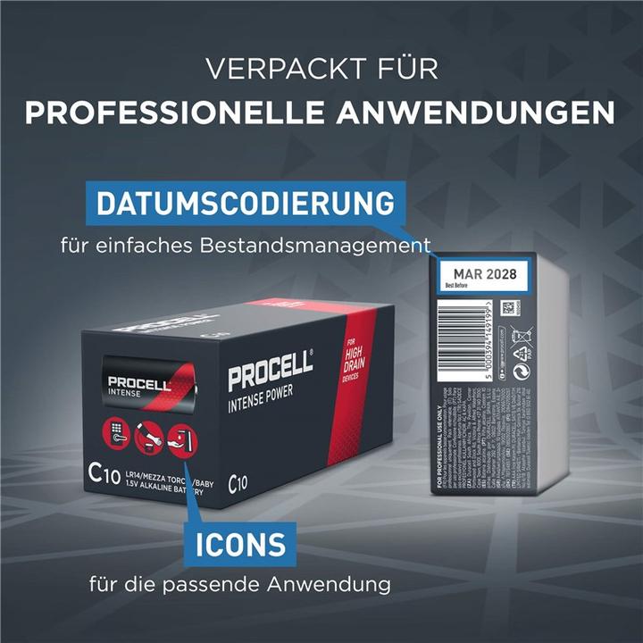 Productafbeelding Duracell Batterij Alkaline, Baby, C, LR14, 1.5V Procell Intense, Kleinhandelsdoos (10-Pak) (10 Pcs., C, 7933 mAh)