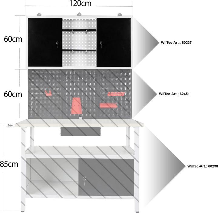 Actual product image Wiltec Wall cabinet Grey Workshop equipment Workbench Tool cabinet Perforated wall (120 cm, 19 cm)