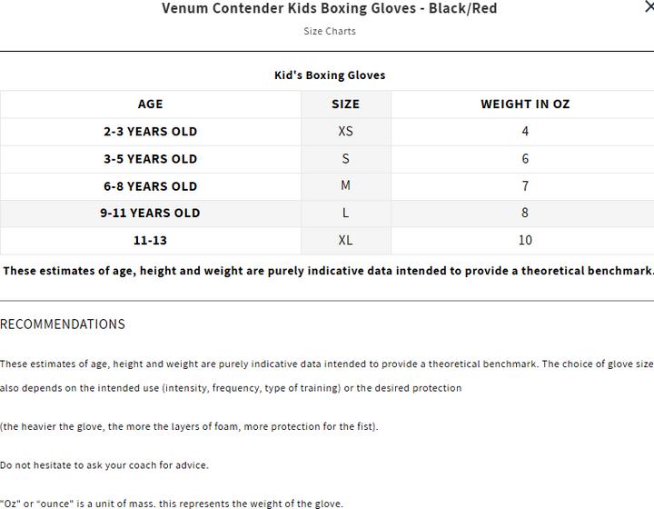 Nährwerte und Zutaten Venum Contender Kids Boxing Gloves - Black-Red (4 OZ, One Size)
