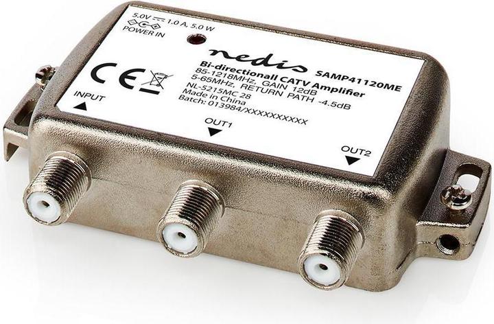 Image du produit Nedis SAMP41120ME Amplificateur CATV Gain : 12 dB 85-1218 MHz Nombre de sorties : 2 voie de retour Silb (Bloc d'alimentation)