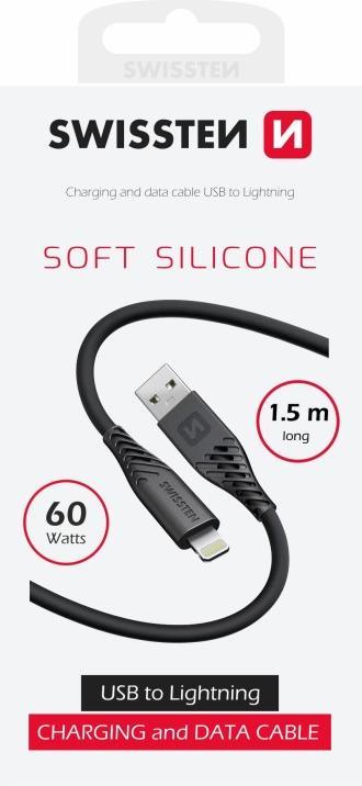 Produktbild Swissten Data Cable Soft Silicone Usb / Lightning 1.5 M 60W Black (1.50 m, USB 3.2 Gen 1, 60 W)