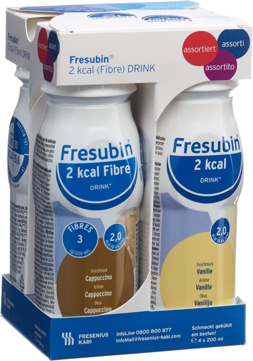 Fresubin 2 kcal Fibre DRINK assortiert (Aprikose, Cappuccino, Pfirsich, Vanille, 4 x)