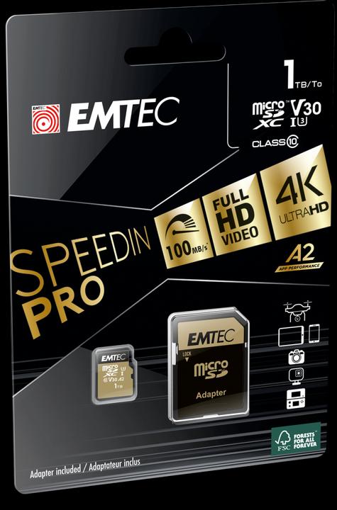 Image du produit Emtec mSD 1TB UHS-I U3 V30 A2 SpeedIN (1000 Go, microSDXC, U3, UHS-I)