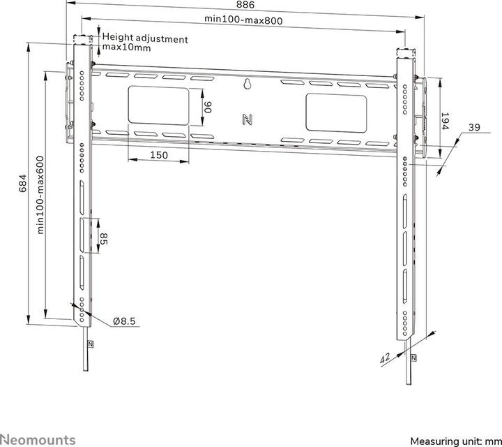 Valori nutrizionali e ingredienti Neomounts Supporto a parete 800x600mm 125kg/43-98"/fisso/nero/carico pesante (Muro, 98", 125 kg)