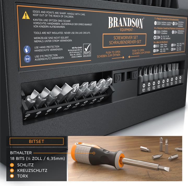 Image du produit Brandson Jeu de tournevis 36 pièces, magnétique, 18 embouts + porte-embouts, fente, Phillips, mécanique de (Escale, Recouvrement cruciforme Phillipps (PH), Pin-torx, Cruciforme PZ)