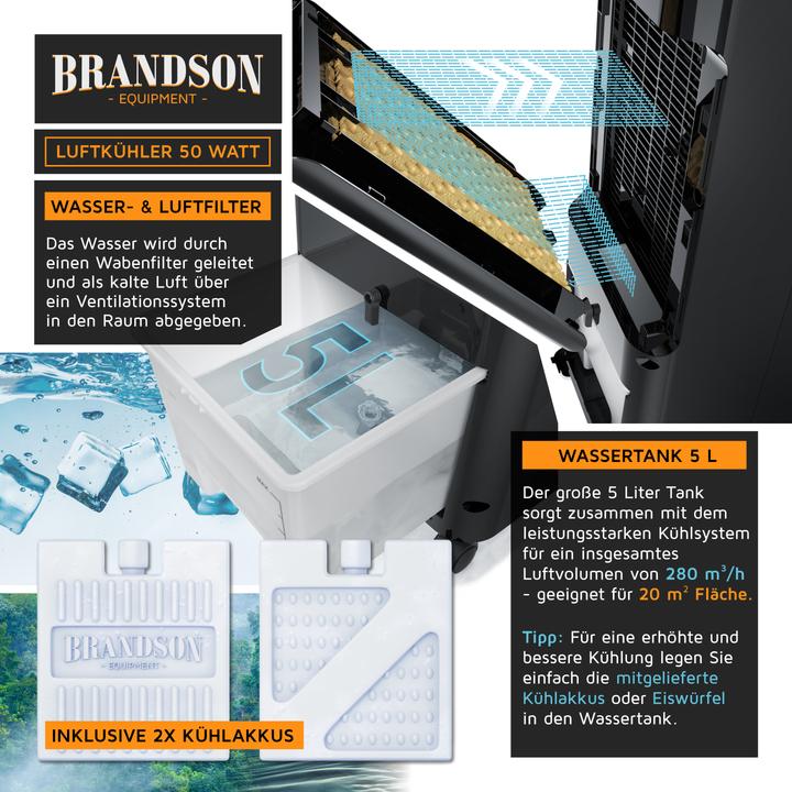 Produktbild Brandson Mobiler Luftkühler, Wasserkühlung, 5L Wassertank, Klimaanlage, 50W Verdunstungskühler, Timer, Lüfter