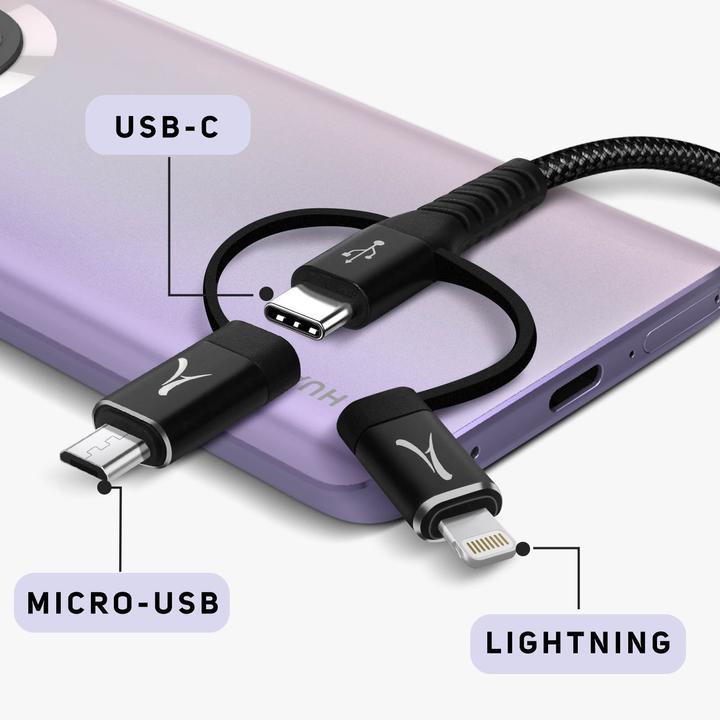 Image du produit Akashi Câble de charge et de synchronisation 3 en 1 3A, longueur 1m, - Noir (0.10 m, USB 3.2 Gen 1)