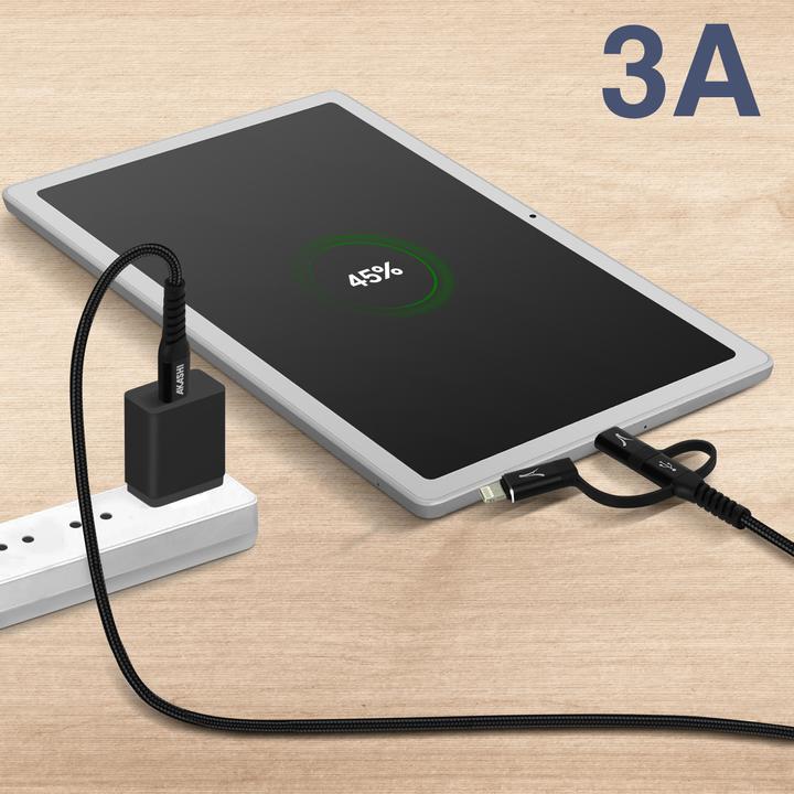 Image du produit Akashi Câble de charge et de synchronisation 3 en 1 3A, longueur 1m, - Noir (0.10 m, USB 3.2 Gen 1)