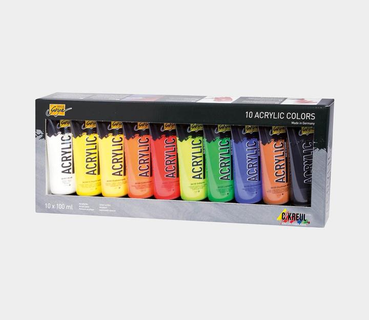 Immagine prodotto Solo Goya Set di 10 pezzi in acrilico (Blu oltremare, Verde foglia, Arancione vero, Giallo-verde, Giallo cadmio, Nero, Marrone ossido, 1000 ml)