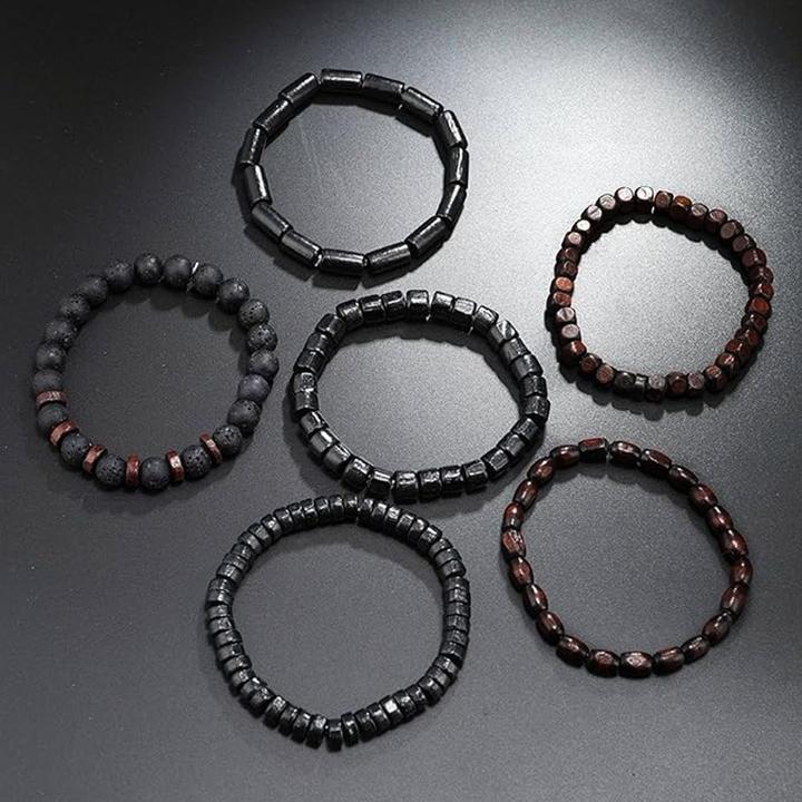 Image du produit Cbx Elastisches Perlen Armband Set Lavastein und Vintage-Holzperlen