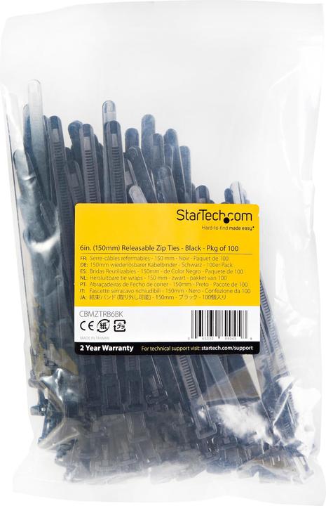 Produktbild StarTech 15cm(6") Reusable Cable Ties, 7mm(1/4") wide, 35mm(1-3/8") Bundle Dia. 22kg(50lb (Kunststoffkabelbinder, 150 mm, 100 Stk.)