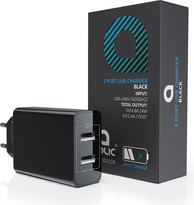 Produktbild Aplic USB Ladegerät 4800 mA, 2 Port Nezteil mit Smart Charge + Solid Charge, Leistungsstarke 24W, schwarz (24 W)
