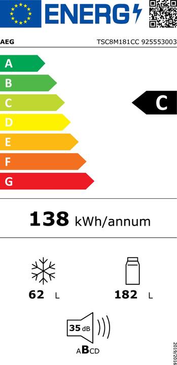 Etichetta energetica AEG TSC8M181CC Frigorifero-congelatore da incasso / Serie 8000 con raffreddamento a 360° / 1780 mm / (244 l)