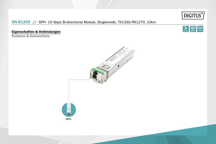 Actual product image Digitus SFP+ 10 Gbps Bi-directional Module Singlemode 10km Tx1330/Rx1270 LC Simplex Connector with DDM