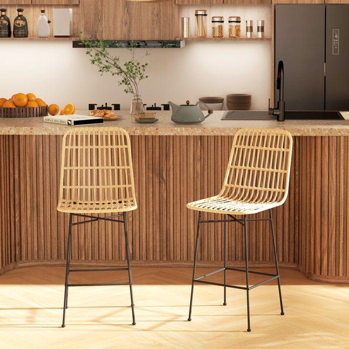 Actual product image Swisshandel24 Bar stool set of 2 bar stool counter stool backrest PE rattan boho design kitchen stool steel yellow