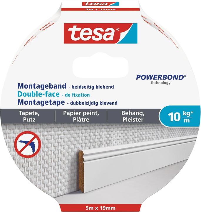 tesa Montageband für Tapete & Putz, doppelseitiges Montageklebeband (19 mm)