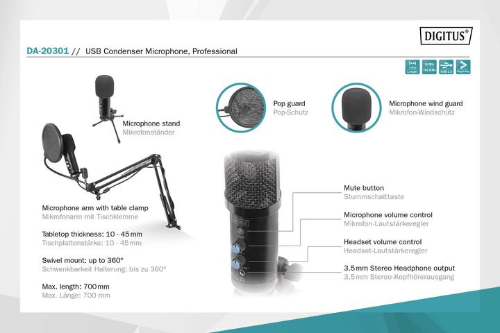 Produktbild Digitus Mikrofon USB inkl. Halterung 1,5m schwarz