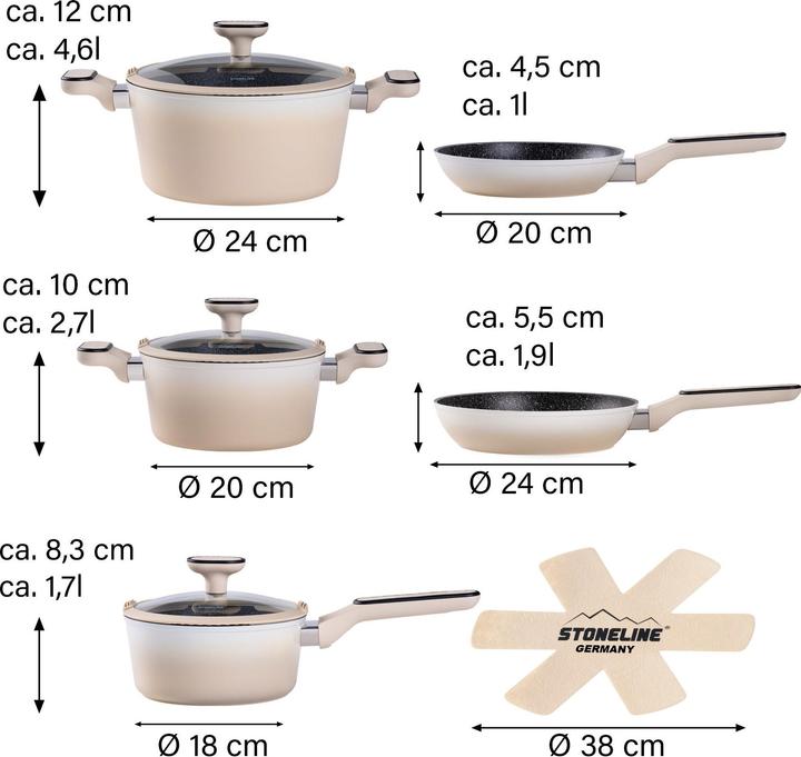 Actual product image Stoneline ® Creme Kochgeschirr-Set 11-teilig mit Deckeln, beschichtete Töpfe & Pfannen (Pan set + pot set, Ceramic)