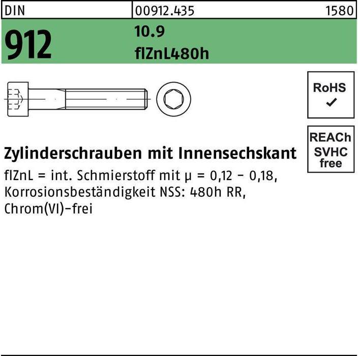 Produktbild Zylinderschraube DIN 912 m.Innensechskant M 20 x 90 10.9 flZnL/nc/x/x/480h/C (25 Schrauben pro Stück)