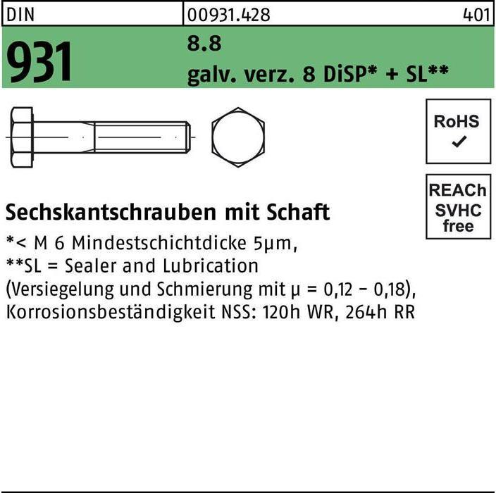 Productafbeelding Zeskantkopschroef DIN 931 w.schacht M 16 x 200 8.8 gal Zn 8 DiSP + SL (25 Schroeven per stuk)