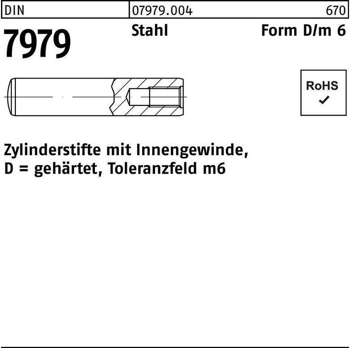 Productafbeelding Paspen DIN 7979 met inwendige schroefdraad D 12 x 100 staal gehard tolerantie m6 DIN 7979 (10 Schroeven per stuk)