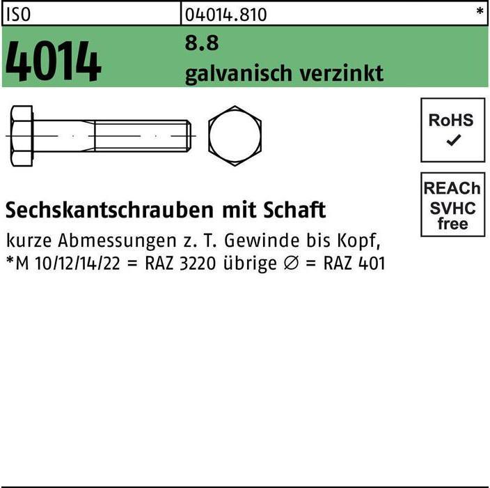 Produktbild Sechskantschraube ISO 4014 m.Schaft M 6 x 180 8.8 galvanisch verzinkt (100 Schrauben pro Stück)