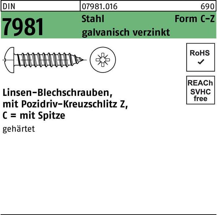 Immagine prodotto Reyher Vite autofilettante DIN 7981 LIKO con intaglio a croce PZ 3,5x 19 -C-Z in acciaio zincato con punta (100 Viti per pezzo)