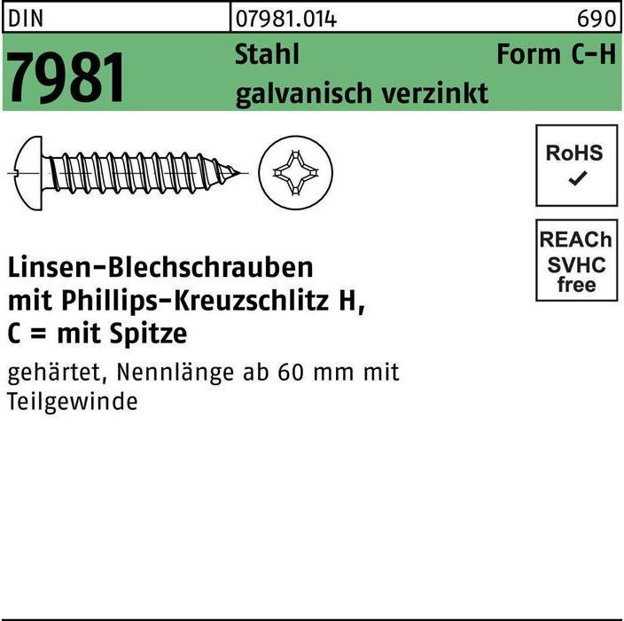 Productafbeelding Zelftappende schroef DIN 7981 LIKO met kruisgleuf pH C5.5 x 80 -H Gegalvaniseerd staal met punt (250 Schroeven per stuk)