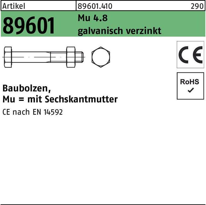 Actual product image Structural bolt R 89601 CE hexagon nut M 20 x 700 Mu 4.8 galvanised (10 Screws per piece)