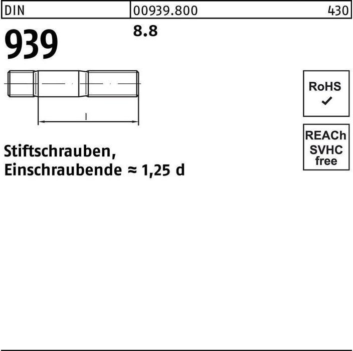 Actual product image Stud bolt DIN 939 M 20 x 55 8.8 Screw-in end=1.25d (10 Screws per piece)