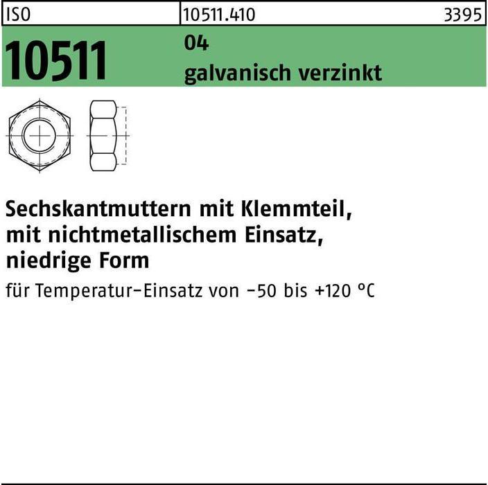 Sechskantmutter ISO 10511 m.Klemmteil M 4 Automatenstahl galvanisch verzinkt (M4)