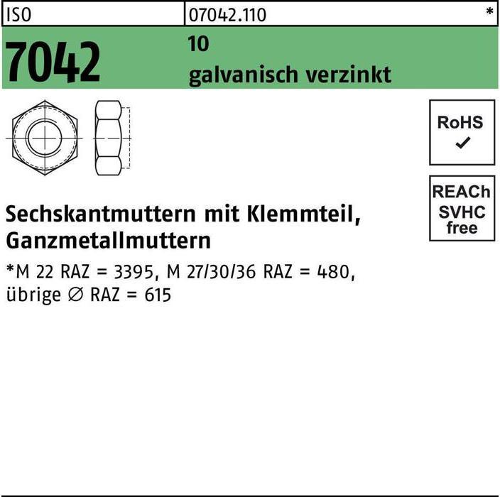 Produktbild Sechskantmutter ISO 7042 m.Klemmteil M 14 10 galvanisch verzinkt (M14)