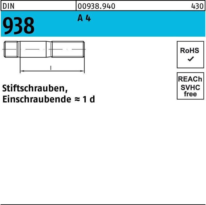 Immagine prodotto Bullone DIN 938 M 16 x 40 A 4 (10 Viti per pezzo)