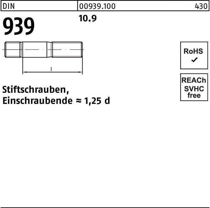 Produktbild Stiftschraube DIN 939 M 20 x 80 10.9 Einschraubende=1,25d (10 Schrauben pro Stück)